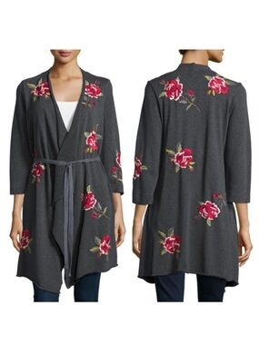 Johnny Was || Auri Draped Cardigan Coat Embroidered Floral Belted Gray Pink M‎